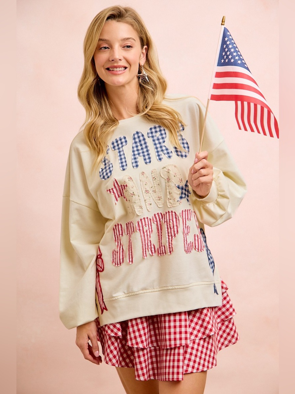BiBi 4th Of July Stars And Stripes Patches Sweatshirt - Picture 5 of 16